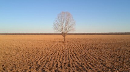 Fototapeta premium Lone tree in plowed field, clear sky, winter landscape, agricultural background