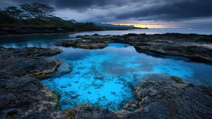Naklejka premium Dramatic ocean view at sunset rocky shore nature photography coastal landscape panoramic perspective serenity and beauty