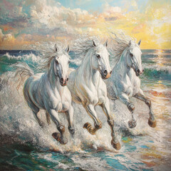 White horses with flowing manes gallop along the shimmering shoreline, their powerful forms contrasting against the vibrant sea.