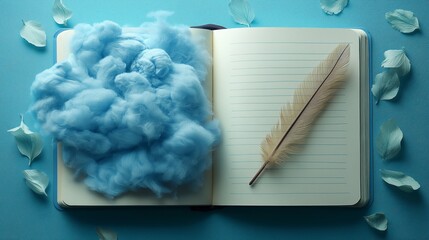 Creative writing setup with cloud and feather on open notebook
