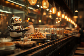 A charming robot serves food in a warm, illuminated restaurant filled with delicious dishes and ambient lighting.