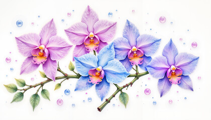 Whimsical orchids in pastel hues, delicate watercolor illustration