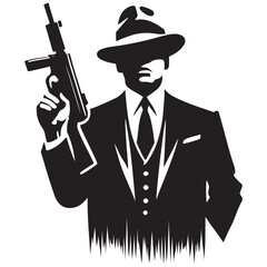 Gangster Silhouette with Tommy Gun Vector Mafia Crime Illustration