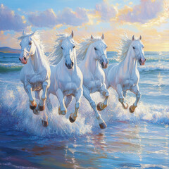 White horses with flowing manes gallop along the shimmering shoreline, their powerful forms contrasting against the vibrant sea.