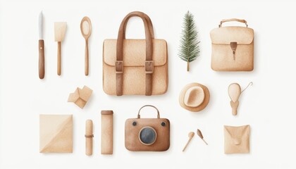 Minimalist watercolor illustration featuring various tools and accessories, including bags, utensils, and camera, evoking creativity and