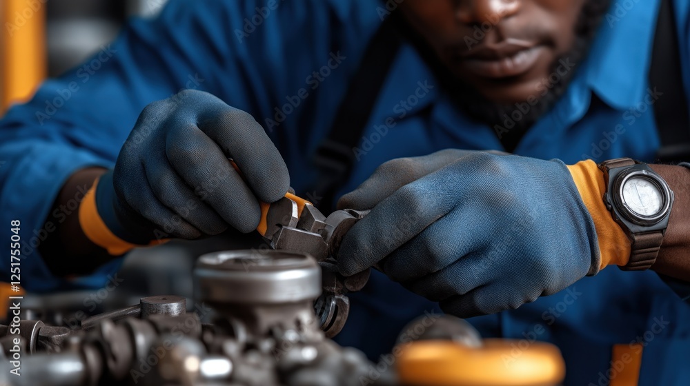 Poster skilled mechanic utilizes tools to make precise adjustments on an engine in a well-lit workshop. foc