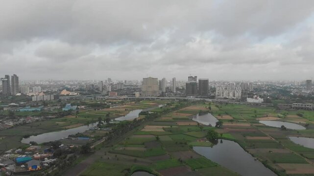 Kolkata Science City ITC Sonar Bangla Ma Flyover Biswa Bangla New Town Sector 5 Salt Lake view drone footage aerial view. Indian roads and landmarks of subcontinent empty roads.