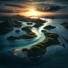 Scenic Aerial View of Tropical Islands and Sunset Over Tranquil Waters