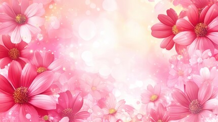 Fototapeta premium Pink floral border, bokeh background, greeting card design