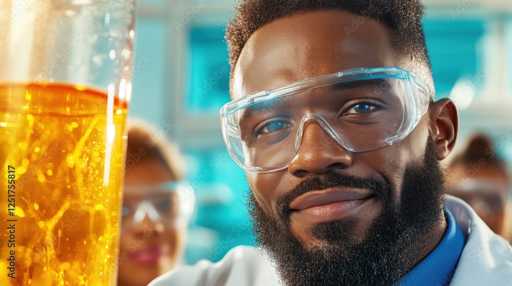 Poster laboratory scientist with a well-groomed beard smiles as he holds a large, transparent container fil