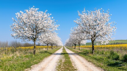Obraz premium Beautiful cherry blossom trees lining a serene country path rural setting nature photography bright blue sky tranquil environment