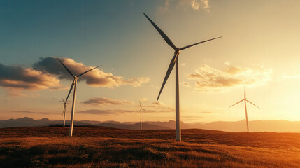 A serene landscape featuring wind turbines against a beautiful sunset, symbolizing renewable energy and environmental sustainability.