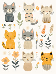 Hand drawn cat pattern with floral accents and bohemian patterns isolated on a white background for design elements