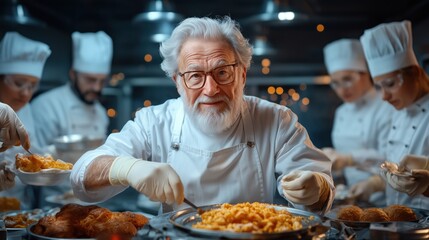 In a warm-lit kitchen, a senior chef expertly plates pasta while younger chefs assist, creating a lively atmosphere for a special dinner service