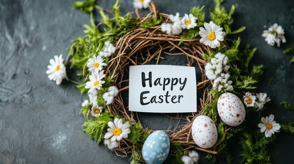 decorative arrangement features a greeting card with a happy Easter message placed within a wreath of twigs and green foliage, accented by vibrant flowers and painted eggs
