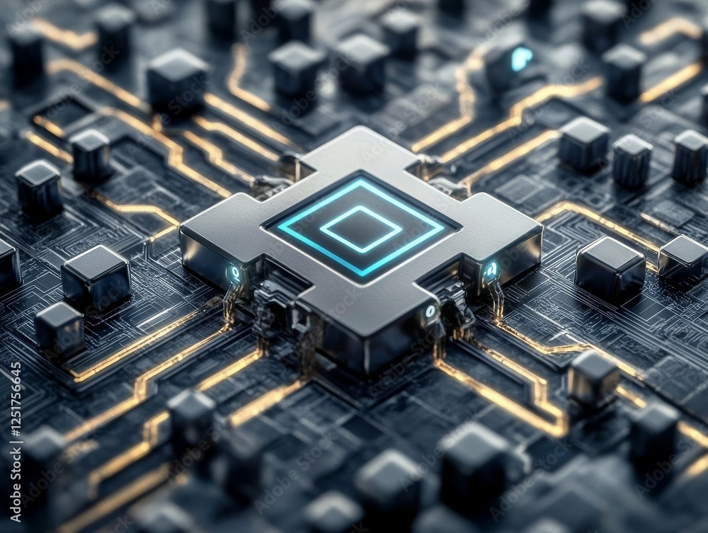 Poster detailed close up of microprocessor on circuit board, showcasing intricate connections and glowing e