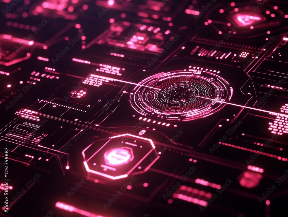 Poster futuristic digital interface with glowing pink elements and intricate patterns