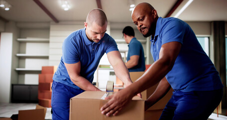 Diverse group of movers wrapping furniture with tape dispenser