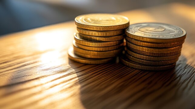 Golden coins stacked on wooden table, sunlight, shallow depth of field