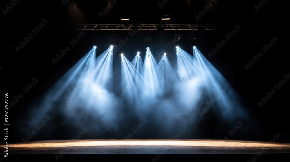 Poster theater stage is brightly lit with multiple beams of light shining down from above, creating an invi