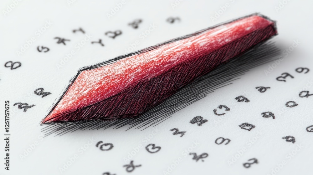 Poster a red pencil rests on a sheet with various symbols and numbers.