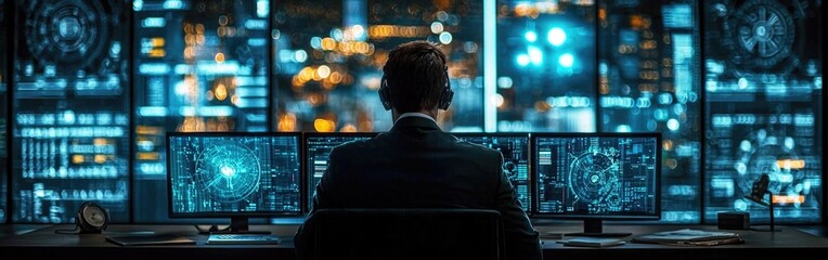 Military surveillance officer monitors city operations from cyber control hub at night