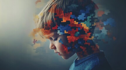 Young boy with colorful puzzle pieces emerging from his head, representing autism or neurological differences.