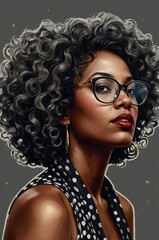 Elegant black and gray stencil art impasto illustration of a beautiful Black woman with voluminous curly hair, large glasses