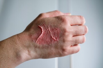 Severe Sunburn on Hand:  A Close-Up Image Showing Red, Peeling Skin