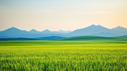 Fototapeta premium Tranquil green rice field under majestic mountains scenic landscape photography natural environment wide-angle view serenity concept for nature lovers