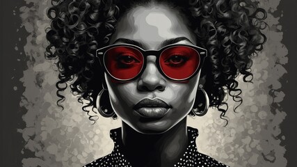 Elegant black and gray stencil art impasto illustration of a beautiful Black woman with voluminous curly hair, large glasses