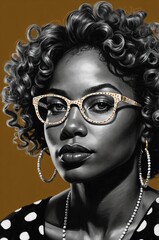 Elegant black and gray stencil art impasto illustration of a beautiful Black woman with voluminous curly hair, large glasses