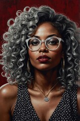 Elegant black and gray stencil art impasto illustration of a beautiful Black woman with voluminous curly hair, large glasses