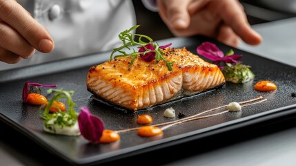 Perfectly plated salmon fillet with vegetable garnish
