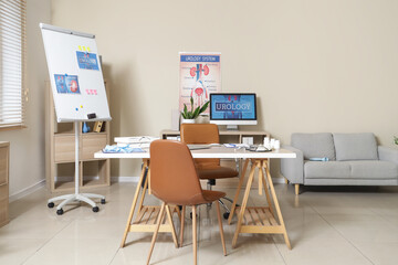 Interior of urologist's office with workplace, shelf units and sofa