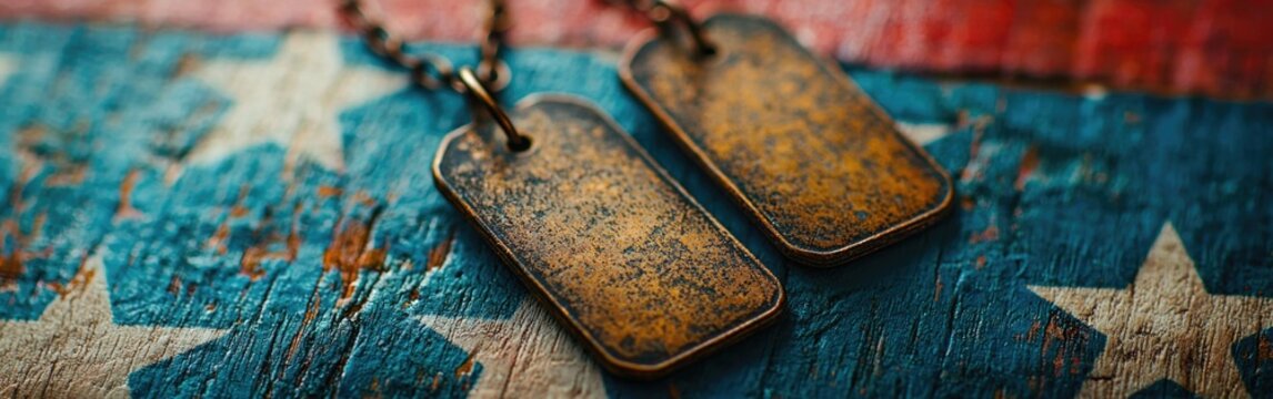 Worn USA military dog tags displayed on American flag background with blank space for tribute