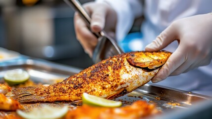 Whole grilled fish with crispy skin and lemon garnish