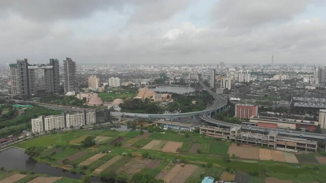 Kolkata Science City ITC Sonar Bangla Ma Flyover Biswa Bangla New Town Sector 5 Salt Lake view drone footage aerial view. Indian roads and landmarks of subcontinent empty roads.