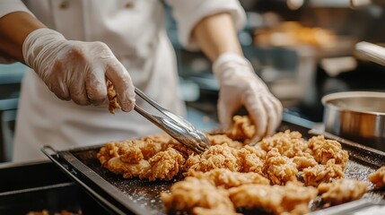 Chef placing crispy fried chicken onto tray for serving