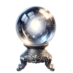A magical crystal ball with swirling cosmic patterns, set on an ornate base, evoking mystery, divination, and celestial energy.