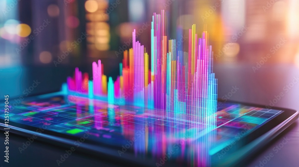 Poster a digital d bar graph emerging from a tablet screen, representing real-time financial data and analy