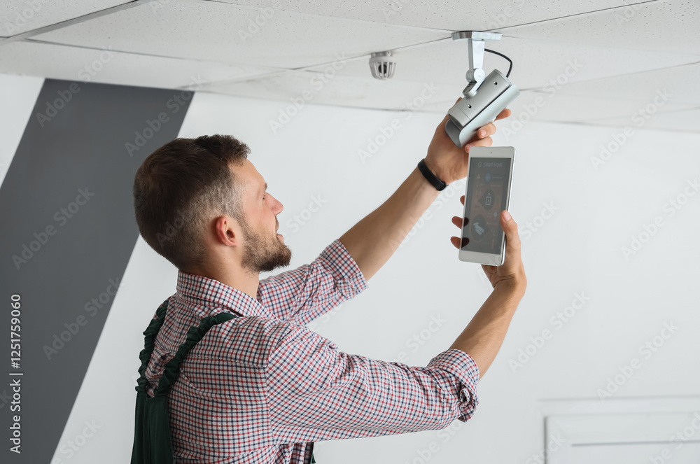 Poster male worker with tablet computer installing alarm system in room