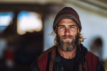 poster with a mature man with a stylish beard and a knitted hat walking through an airport terminal, copy space with a vacation travel concept