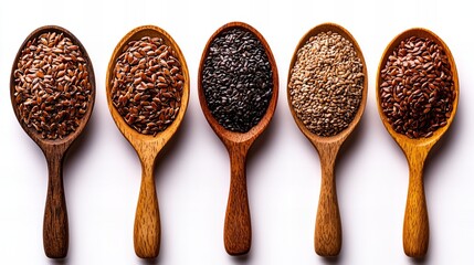 Five wooden spoons filled with different colored flax seeds, arranged on a white background.