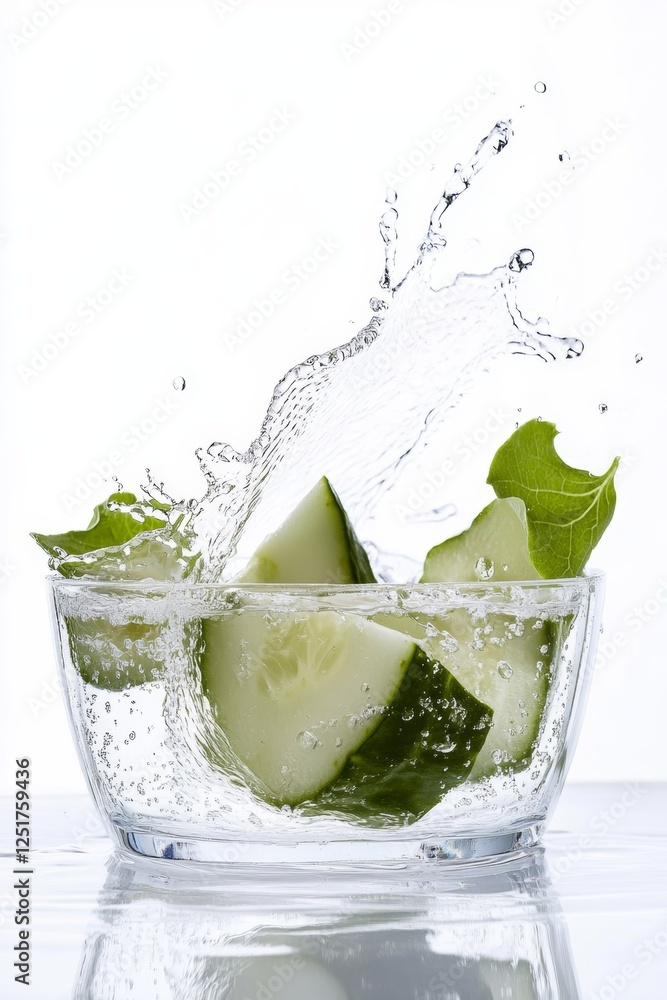 Aufkleber grungy cucumber slices create a splash in refreshing water against a clean white background in a stu