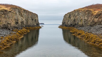 Fototapeta premium Tranquil scene of waterway between rocky cliffs coastal area nature photography overcast conditions serene viewpoint peaceful concept for nature lovers