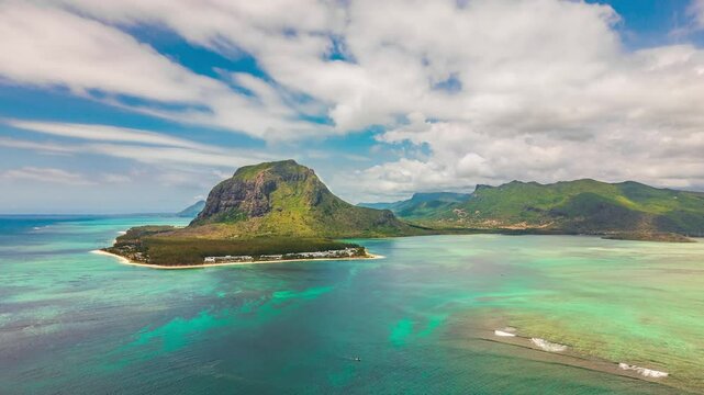 Le Morne in Mauritius island amazing natural scenery aerial panoramic view hyperlapse