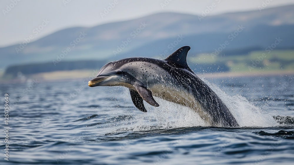 Poster a dolphin playfully splashing in the waves, creating a cascade of water droplets around it, set agai