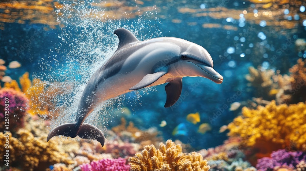Poster a dolphin splashing playfully in shallow waters, with colorful coral reefs visible below, creating a