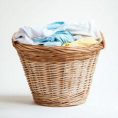 Obraz premium Wicker laundry basket filled with neatly folded colorful clothes.